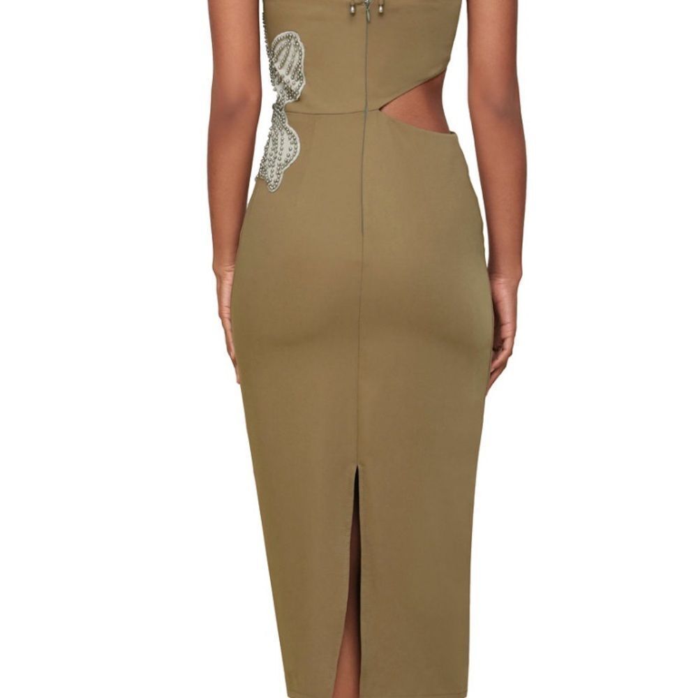 Avec Les Filles One Shoulder Olive Dress with Silver Detail - Picture 5 of 10